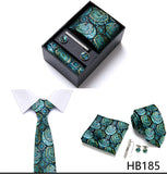 Top Grade Holiday Gift Box 7.5 cm Green Print Tie Pocket Squares Cufflink Set Gravatas Man Suit Accessories Fit Formal Party