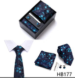 Top Grade Holiday Gift Box 7.5 cm Green Print Tie Pocket Squares Cufflink Set Gravatas Man Suit Accessories Fit Formal Party