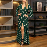 Women Sexy V-Neck Long Sleeve Lace-up Boho Casual Vintage Female Oversize Maxi Dress