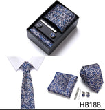 Top Grade Holiday Gift Box 7.5 cm Green Print Tie Pocket Squares Cufflink Set Gravatas Man Suit Accessories Fit Formal Party