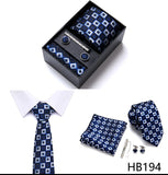 Top Grade Holiday Gift Box 7.5 cm Green Print Tie Pocket Squares Cufflink Set Gravatas Man Suit Accessories Fit Formal Party