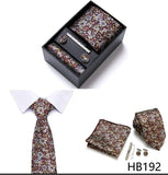 Top Grade Holiday Gift Box 7.5 cm Green Print Tie Pocket Squares Cufflink Set Gravatas Man Suit Accessories Fit Formal Party