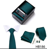 Top Grade Holiday Gift Box 7.5 cm Green Print Tie Pocket Squares Cufflink Set Gravatas Man Suit Accessories Fit Formal Party