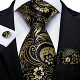 Luxury Mens Tie Black Golden Jacquard Necktie Pocket Square Cufflinks Set Floral Plaid for Male Men Wedding Busniess Party Gift