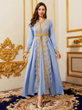 Middle Eastern Dubai Arab Women's Muslim Robe Lace Embroidered Floral V-Neck Gold Ribbon Ethnic Dress Ramadan Festival Performance Costume