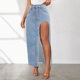 Washed Mid Length Skirt High Waist Denim Skirt