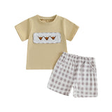 Cute Toddler Boy Summer Outfits Stylish Bull Head Embroidery Tee with Matching Elastic Waist Plaid Shorts for Playtime Fun