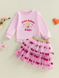 Girls Valentine s Day Heart Print Long Sleeve T-Shirt and Tutu Skirt Set with Love Letter Embroidery