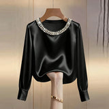 Elegant Satin Shirt Women Spring Autumn Bead Design Long Sleeve Silk Blouse Women Fashion O Neck Loose Pullover Tops