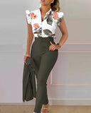 Summer Women's Flower Print Lotus Leaf Sleeve High Waist Pants Set Waist Belt Women's V-Neck Two Piece Set Work Suit Set