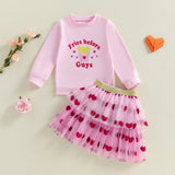 Girls Valentine s Day Heart Print Long Sleeve T-Shirt and Tutu Skirt Set with Love Letter Embroidery