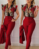 Summer Women's Flower Print Lotus Leaf Sleeve High Waist Pants Set Waist Belt Women's V-Neck Two Piece Set Work Suit Set