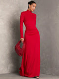 Women Solid Color Stand Collar Long Sleeve Pleated Dress, Fall Wedding Guest Dress, Dress Elegant, Winter Women