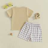 Cute Toddler Boy Summer Outfits Stylish Bull Head Embroidery Tee with Matching Elastic Waist Plaid Shorts for Playtime Fun