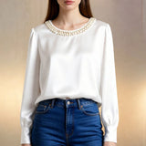 Elegant Satin Shirt Women Spring Autumn Bead Design Long Sleeve Silk Blouse Women Fashion O Neck Loose Pullover Tops