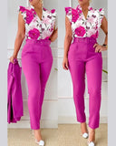 Summer Women's Flower Print Lotus Leaf Sleeve High Waist Pants Set Waist Belt Women's V-Neck Two Piece Set Work Suit Set