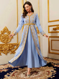 Middle Eastern Dubai Arab Women's Muslim Robe Lace Embroidered Floral V-Neck Gold Ribbon Ethnic Dress Ramadan Festival Performance Costume
