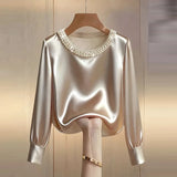 Elegant Satin Shirt Women Spring Autumn Bead Design Long Sleeve Silk Blouse Women Fashion O Neck Loose Pullover Tops