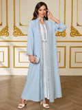 Muslim Ramadan Festival Outfit, Light Blue Cardigan with White V-Neck Inner Skirt Two-Piece Set, Women's Robe with Waist Tie, Placket, Cuffs, and Silver Lace Trim