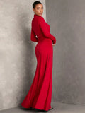 Women Solid Color Stand Collar Long Sleeve Pleated Dress, Fall Wedding Guest Dress, Dress Elegant, Winter Women