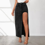 Washed Mid Length Skirt High Waist Denim Skirt