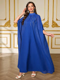 Women's Muslim Ramadan Long Dress with High Collar, Long Sleeves, Slit Design, Sequin Details, Vintage Ethnic Style Patchwork Long Dress
