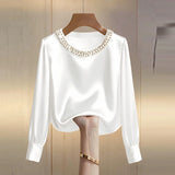 Elegant Satin Shirt Women Spring Autumn Bead Design Long Sleeve Silk Blouse Women Fashion O Neck Loose Pullover Tops