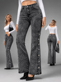 Women's Retro Stretch Flare Jeans with Side Slit & Button Detail