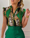 Summer Women's Flower Print Lotus Leaf Sleeve High Waist Pants Set Waist Belt Women's V-Neck Two Piece Set Work Suit Set