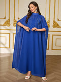 Women's Muslim Ramadan Long Dress with High Collar, Long Sleeves, Slit Design, Sequin Details, Vintage Ethnic Style Patchwork Long Dress