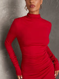 Women Solid Color Stand Collar Long Sleeve Pleated Dress, Fall Wedding Guest Dress, Dress Elegant, Winter Women