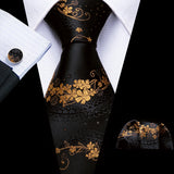 Designer Mens Tie Jacquard Necktie Pocket Square Cufflinks Set Black Golden Floral for Male Men Wedding Busniess Party Gift