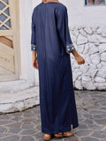Elegant Floral Print Maxi Dress with 3 4 Sleeves V-Neckline and Loose Fit - Perfect for Ramadan Arab Robe Caftan and Gowns