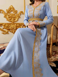 Middle Eastern Dubai Arab Women's Muslim Robe Lace Embroidered Floral V-Neck Gold Ribbon Ethnic Dress Ramadan Festival Performance Costume
