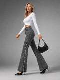 Women's Retro Stretch Flare Jeans with Side Slit & Button Detail