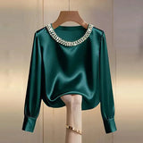Elegant Satin Shirt Women Spring Autumn Bead Design Long Sleeve Silk Blouse Women Fashion O Neck Loose Pullover Tops