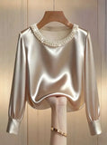 Elegant Satin Shirt Women Spring Autumn Bead Design Long Sleeve Silk Blouse Women Fashion O Neck Loose Pullover Tops