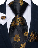 Luxury Mens Tie Black Golden Jacquard Necktie Pocket Square Cufflinks Set Floral Plaid for Male Men Wedding Busniess Party Gift