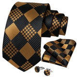 Luxury Mens Tie Black Golden Jacquard Necktie Pocket Square Cufflinks Set Floral Plaid for Male Men Wedding Busniess Party Gift