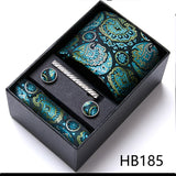 Top Grade Holiday Gift Box 7.5 cm Green Print Tie Pocket Squares Cufflink Set Gravatas Man Suit Accessories Fit Formal Party