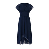 Elegant Women Chiffon Short Sleeve Long Dress V-Neck High Waist A-Line Evening Party Dress Tulle Cocktail Formal Dress Vestidos