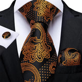 Luxury Mens Tie Black Golden Jacquard Necktie Pocket Square Cufflinks Set Floral Plaid for Male Men Wedding Busniess Party Gift