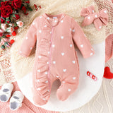 2PCS Autumn From 0 To June Newborn Baby Comfortable Cute Round-Neck Waffle Check Heart Zipper Long-Sleeved Footsuit