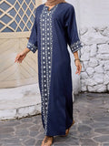 Elegant Floral Print Maxi Dress with 3 4 Sleeves V-Neckline and Loose Fit - Perfect for Ramadan Arab Robe Caftan and Gowns