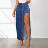 Washed Mid Length Skirt High Waist Denim Skirt