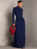 Women Solid Color Stand Collar Long Sleeve Pleated Dress, Fall Wedding Guest Dress, Dress Elegant, Winter Women