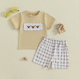 Cute Toddler Boy Summer Outfits Stylish Bull Head Embroidery Tee with Matching Elastic Waist Plaid Shorts for Playtime Fun