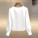 Elegant Satin Shirt Women Spring Autumn Bead Design Long Sleeve Silk Blouse Women Fashion O Neck Loose Pullover Tops