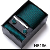 Top Grade Holiday Gift Box 7.5 cm Green Print Tie Pocket Squares Cufflink Set Gravatas Man Suit Accessories Fit Formal Party