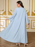 Muslim Ramadan Festival Outfit, Light Blue Cardigan with White V-Neck Inner Skirt Two-Piece Set, Women's Robe with Waist Tie, Placket, Cuffs, and Silver Lace Trim